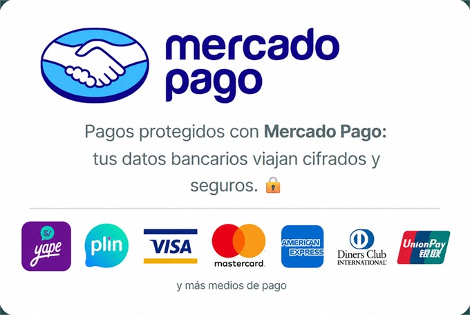 Pagos protegidos con Mercado Pago: tus datos bancarios viajan cifrados y seguros. Aceptamos Yape, Plin, Visa, Mastercard, American Express, Diners Club, UnionPay y más medios de pago.